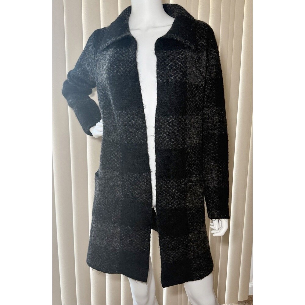Max Studio Wool Blend Plaid Coatigan S Black Gray Long Cardigan Sweater Coat